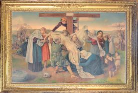 «La Descente de Croix», 1940, (crayons de couleur sur toile, 1,20 m x 1,67 m) est désormais visible à l’église de Montagny. L’artiste y a glissé son autoportrait au milieu, sur l’échelle. ©DR